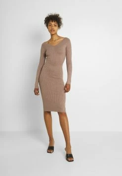 Even&Odd KNIT V NECK MIDI BODYCON DRESS - Etuikleid - Taupe | Damen